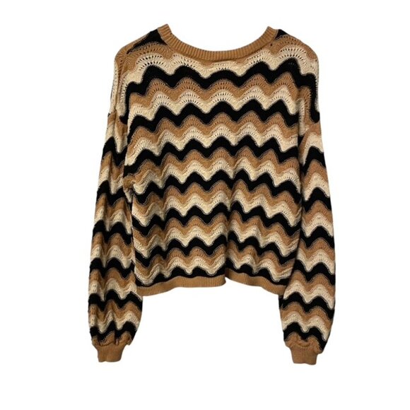 Lumiere Wavy Printed Chevron Knit Sweater Tan Cream Black Size Large - Picture 2 of 13